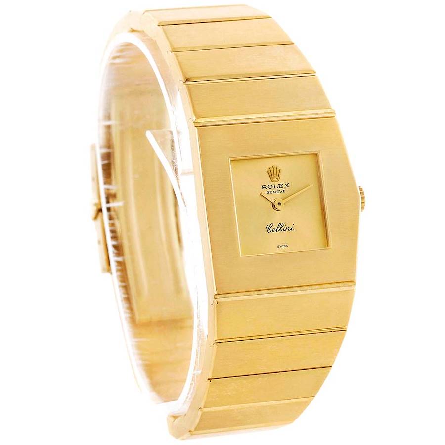 The image shows a side-angle view of a Rolex Cellini watch, highlighting its gold band and dial.