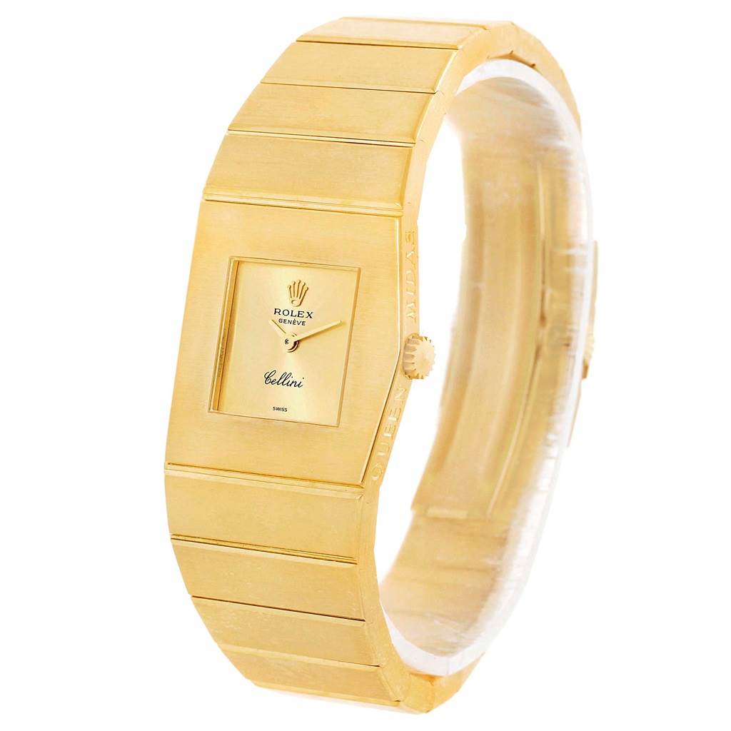 The image shows a Rolex Cellini Women's Yellow Gold Champagne Dial Women's Yellow Gold Champagne Dial model watch at a three-quarter angle, highlighting its face and bracelet.