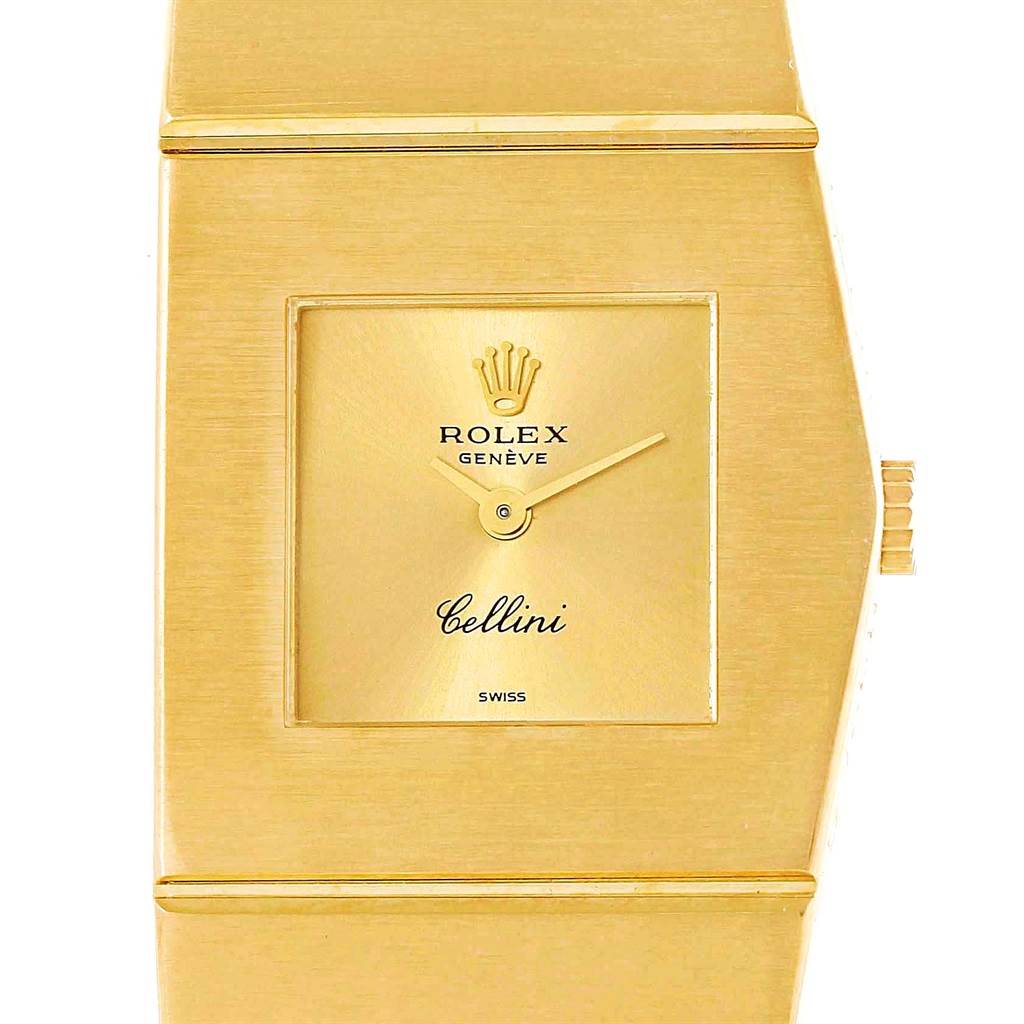 This image shows a close-up, front view of the dial and a side view of the crown of the Rolex Cellini Women's Yellow Gold Champagne Dial Women's Yellow Gold Champagne Dial watch.