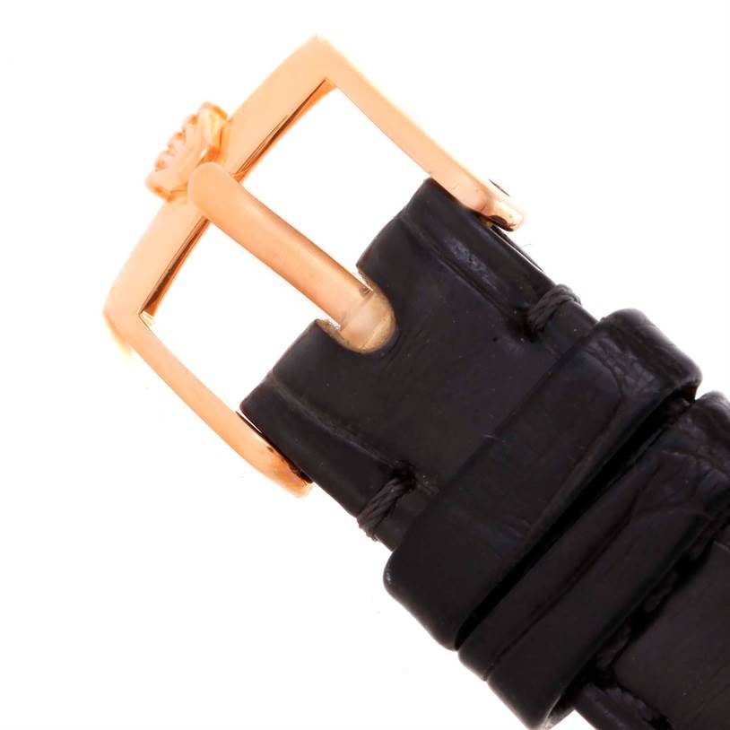 This image shows a close-up of the buckle and black leather strap of a Rolex Cellini 5310 Women's Rose Gold Grey Dial 5310 Women's Rose Gold Grey Dial watch.