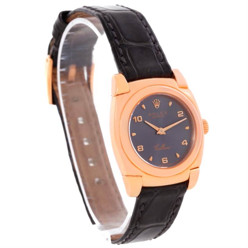 The Rolex Cellini 5310 Women's Rose Gold Grey Dial 5310 Women's Rose Gold Grey Dial watch is shown at a front angle, displaying its face, bezel, and leather strap.