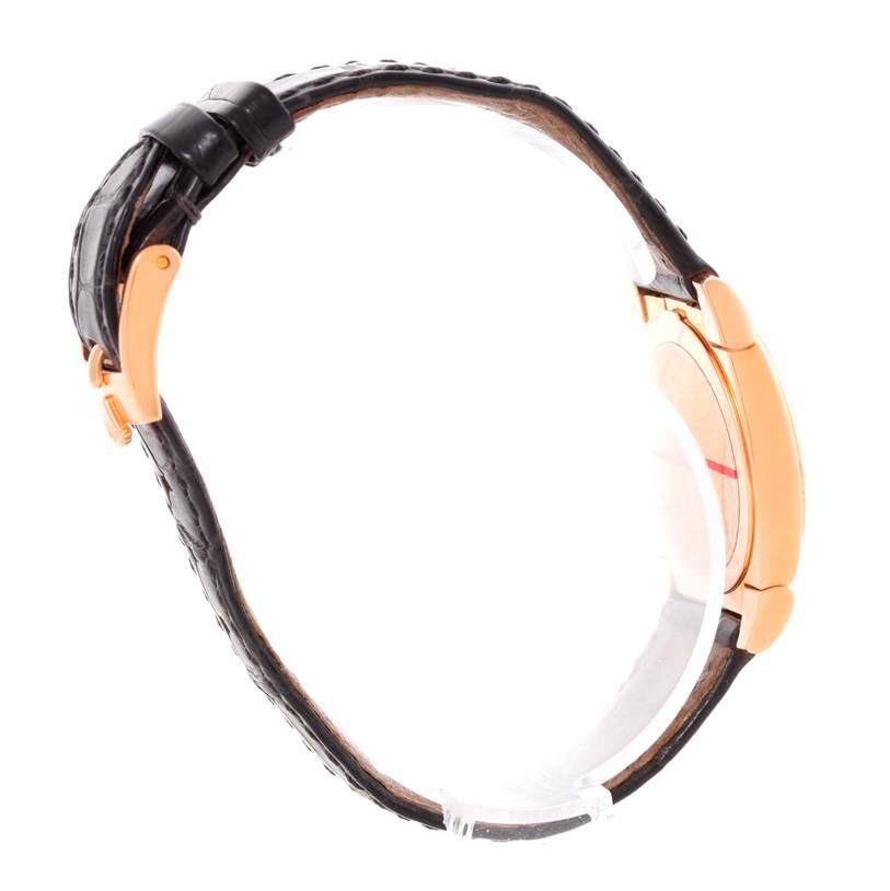 The image shows a side view of the Rolex Cellini 5310 Women's Rose Gold Grey Dial 5310 Women's Rose Gold Grey Dial watch, highlighting its black strap and rose gold case.