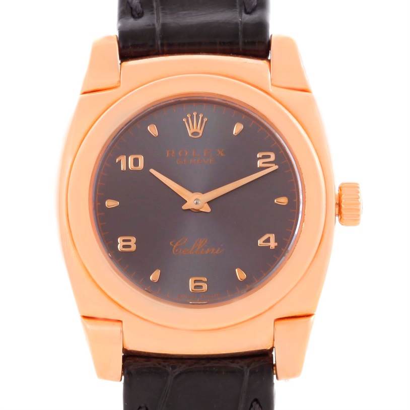 The image shows a front view of a Rolex Cellini 5310 Women's Rose Gold Grey Dial 5310 Women's Rose Gold Grey Dial watch, highlighting its black dial, gold case, and black leather strap.