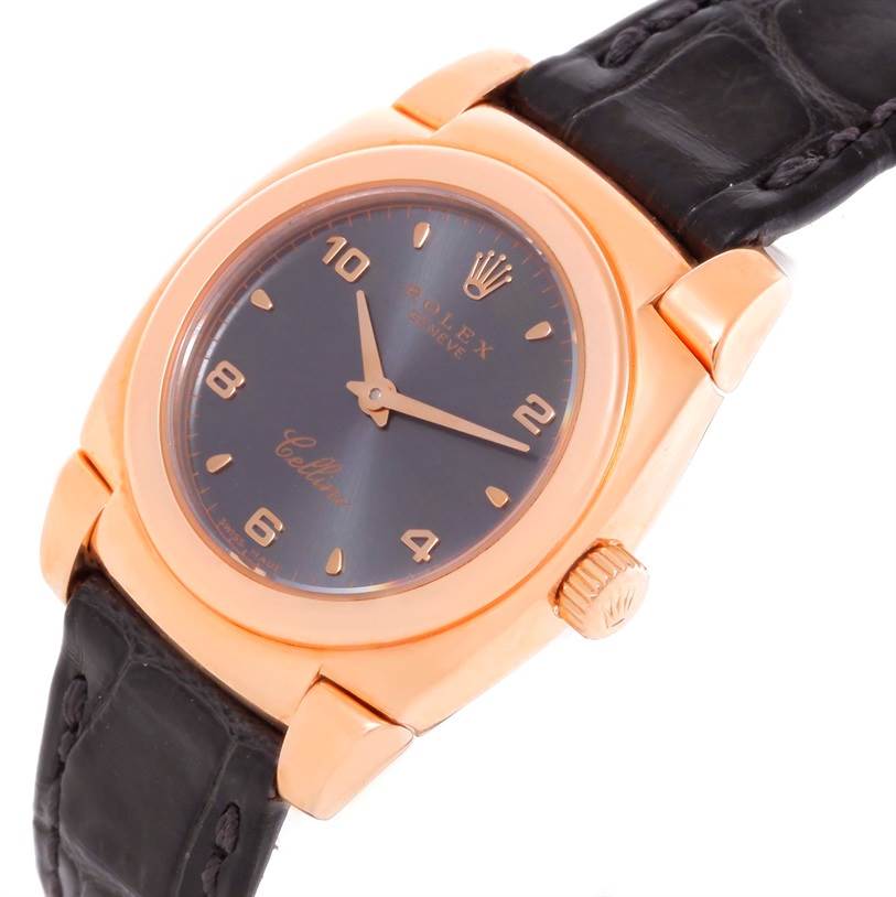 The image shows a close-up angled view of a Rolex Cellini 5310 Women's Rose Gold Grey Dial 5310 Women's Rose Gold Grey Dial watch, highlighting its face, crown, and part of the strap.