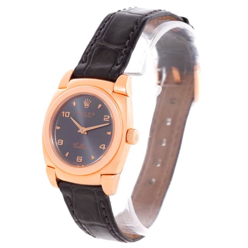 This image shows a Rolex Cellini 5310 Women's Rose Gold Grey Dial 5310 Women's Rose Gold Grey Dial watch from a front angle, highlighting its face, leather strap, and rose gold case.