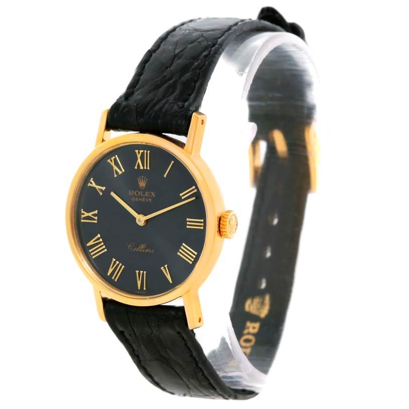The image shows a Rolex Cellini 5109 Women's Yellow Gold Grey Dial 5109 Women's Yellow Gold Grey Dial watch at a three-quarter angle, highlighting its black dial, gold case, and black leather strap.