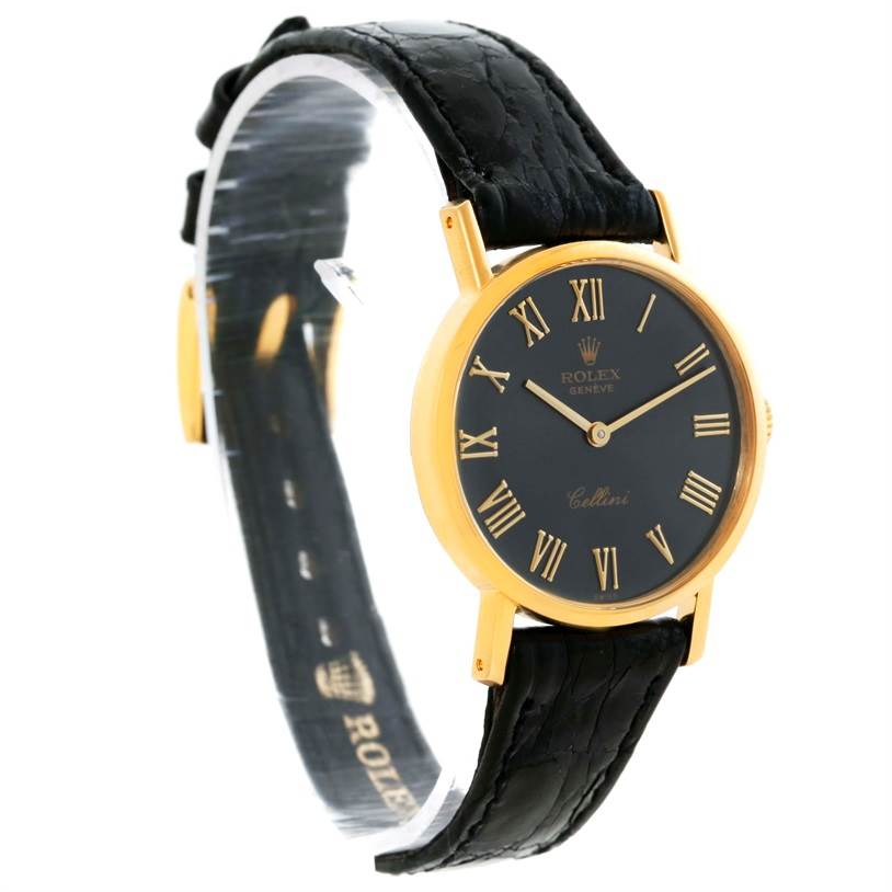 The image shows a side angle of a Rolex Cellini 5109 Women's Yellow Gold Grey Dial 5109 Women's Yellow Gold Grey Dial watch, displaying its black leather strap and gold case with a black dial.