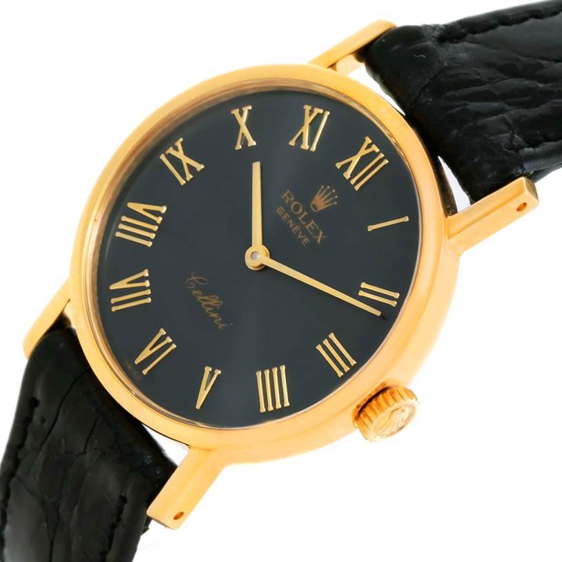 The image shows the front and part of the right side of a Rolex Cellini 5109 Women's Yellow Gold Grey Dial 5109 Women's Yellow Gold Grey Dial watch, highlighting its face, strap, and crown.