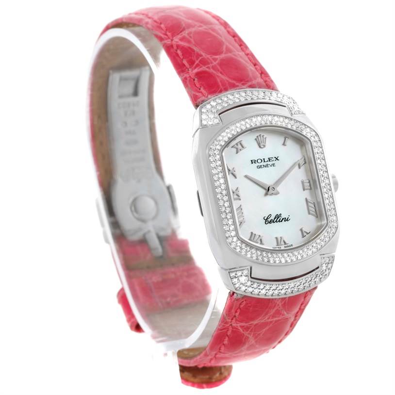 The image shows a Rolex Cellini 6691 Women's White Gold Mother of Pearl Dial 6691 Women's White Gold Mother of Pearl Dial watch angled from the front-right, showcasing the face, bezel, and red leather strap.