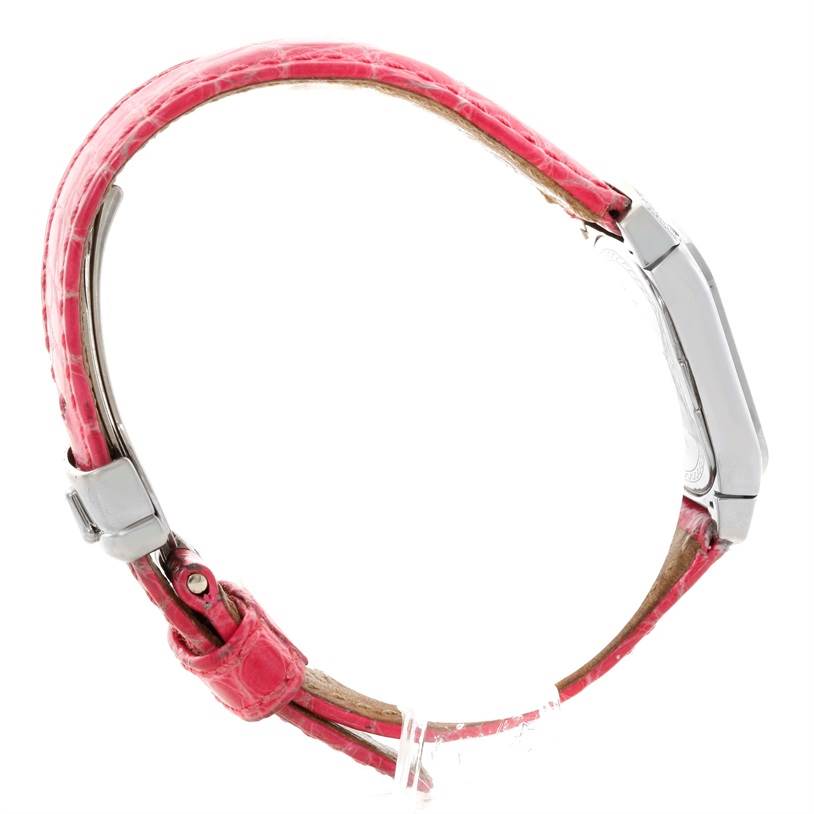 This side view of the Rolex Cellini 6691 Women's White Gold Mother of Pearl Dial 6691 Women's White Gold Mother of Pearl Dial watch showcases the red strap and side profile of the case.