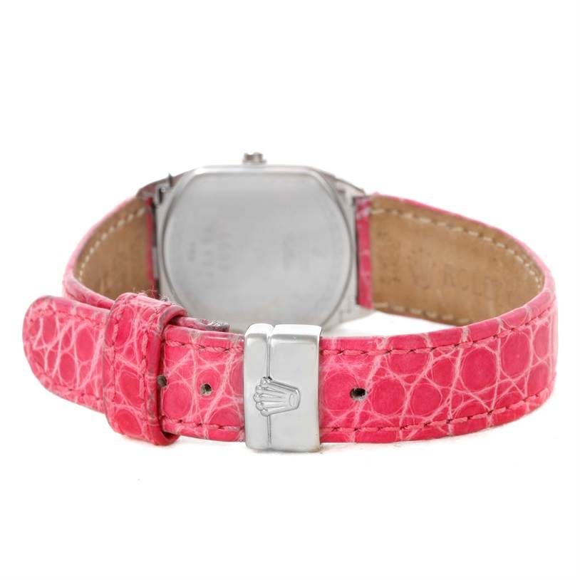 The Rolex Cellini 6691 Women's White Gold Mother of Pearl Dial 6691 Women's White Gold Mother of Pearl Dial watch is shown from the back angle, highlighting the pink leather strap and clasp.