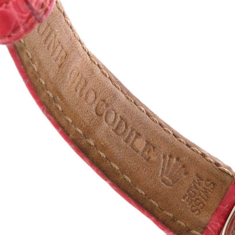 This close-up image shows the inner side of a leather strap for the Rolex Cellini 6691 Women's White Gold Mother of Pearl Dial 6691 Women's White Gold Mother of Pearl Dial model.