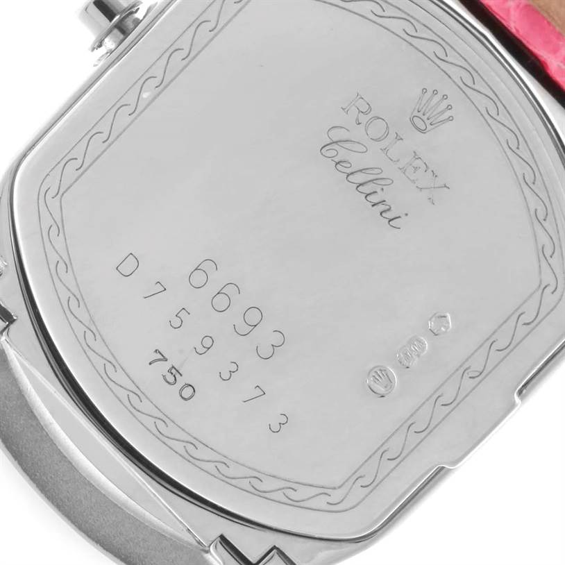 The image shows the back of a Rolex Cellini 6691 Women's White Gold Mother of Pearl Dial 6691 Women's White Gold Mother of Pearl Dial watch, highlighting its engravings and model details.