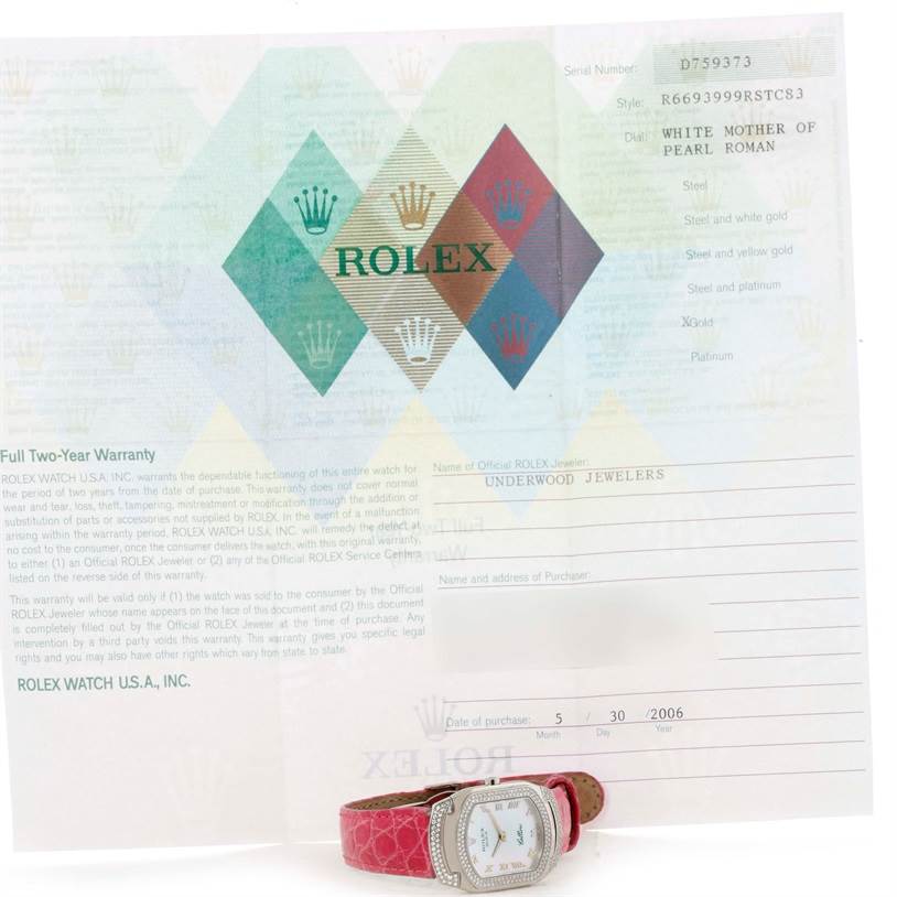 The image shows a Rolex Cellini 6691 Women's White Gold Mother of Pearl Dial 6691 Women's White Gold Mother of Pearl Dial watch with a pink strap, presented along with its warranty card and paperwork.