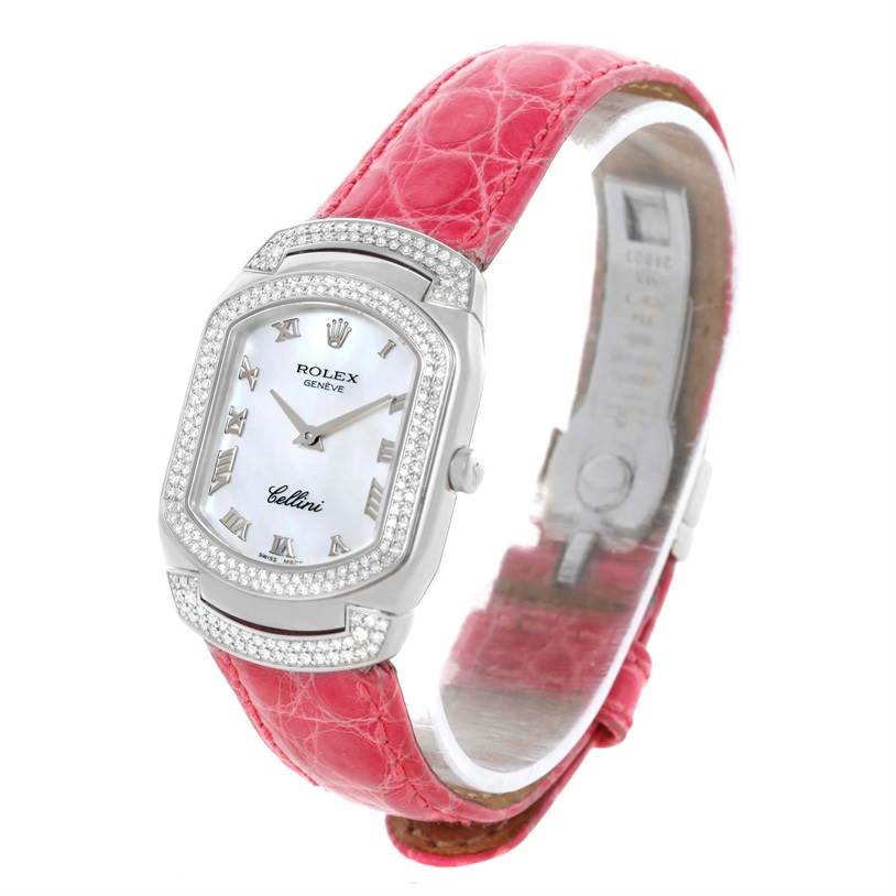 The image shows a Rolex Cellini 6691 Women's White Gold Mother of Pearl Dial 6691 Women's White Gold Mother of Pearl Dial watch at a three-quarter angle, highlighting its face and a red leather strap.