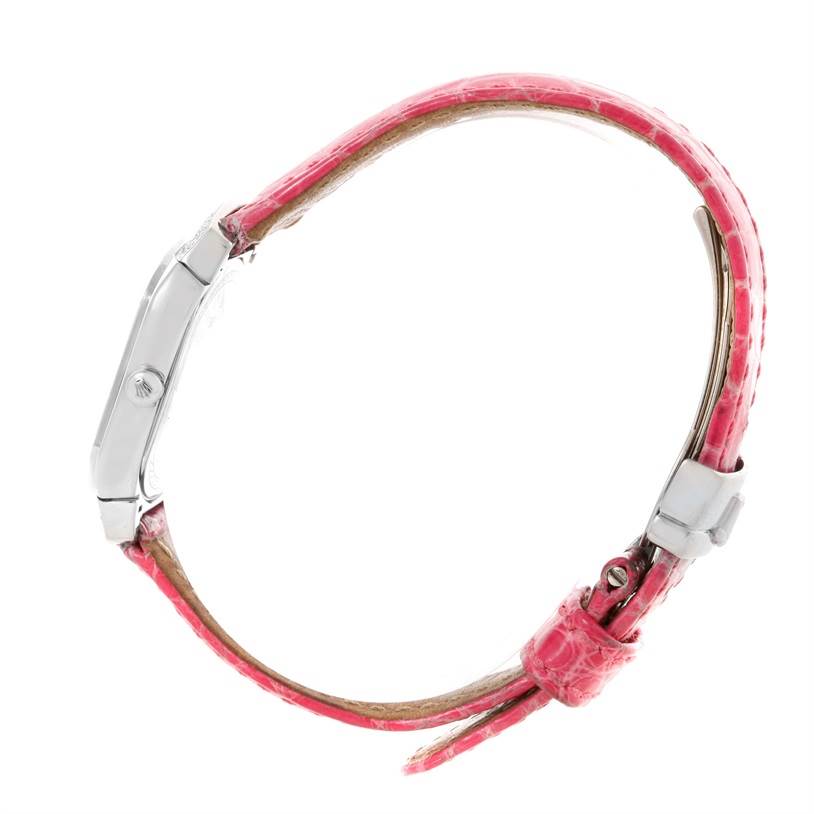 The image shows the side view of a Rolex Cellini 6691 Women's White Gold Mother of Pearl Dial 6691 Women's White Gold Mother of Pearl Dial watch, highlighting its pink leather strap and thin case profile.