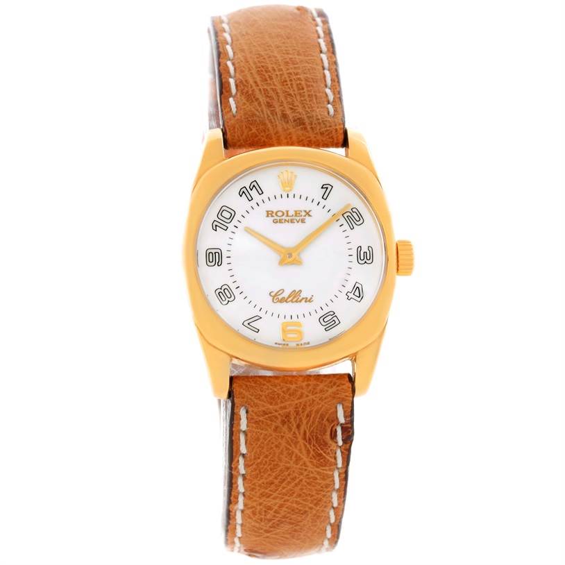 The Rolex Cellini 6229 Women's Yellow Gold White Dial 6229 Women's Yellow Gold White Dial watch is shown from the front, displaying the face, hands, and strap.