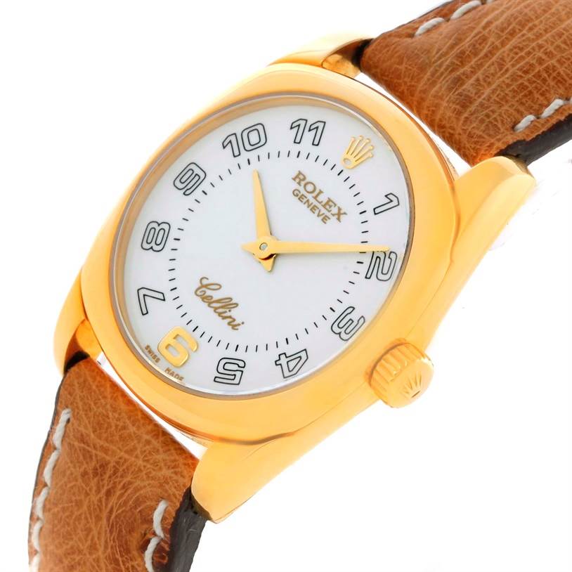 The Rolex Cellini 6229 Women's Yellow Gold White Dial 6229 Women's Yellow Gold White Dial watch is shown at a slight angle displaying its face, crown, and part of the leather strap.