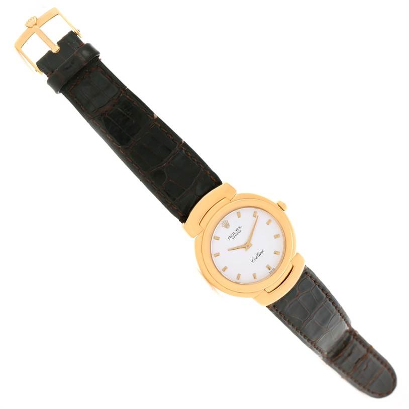 This image shows a Rolex Cellini 6622 Women's Yellow Gold White Dial 6622 Women's Yellow Gold White Dial watch flat on, displaying the dial, case, crown, and leather strap with a buckle.