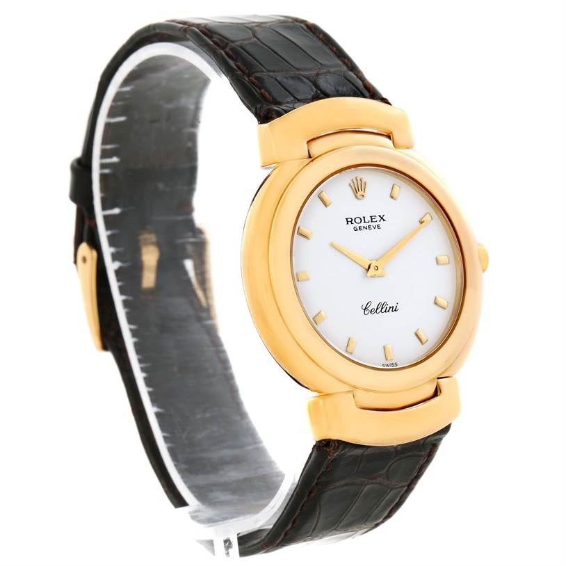 The Rolex Cellini 6622 Women's Yellow Gold White Dial 6622 Women's Yellow Gold White Dial watch is shown at a three-quarter angle, displaying the face, case, and leather strap.