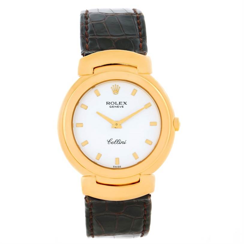 The image shows a front view of a Rolex Cellini 6622 Women's Yellow Gold White Dial 6622 Women's Yellow Gold White Dial watch, highlighting the dial, case, and strap.