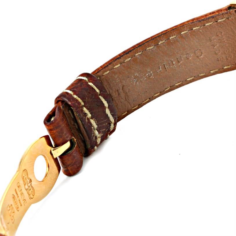 This image shows a close-up of a leather strap and clasp of a Rolex Cellini 6621 Women's Yellow Gold Champagne Dial 6621 Women's Yellow Gold Champagne Dial watch.