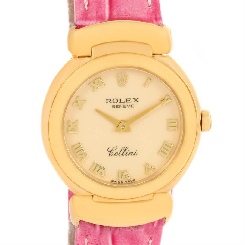 This image shows a Rolex Cellini 6621 Women's Yellow Gold Beige Dial 6621 Women's Yellow Gold Beige Dial model watch from a front angle, highlighting the dial, case, and part of the strap.