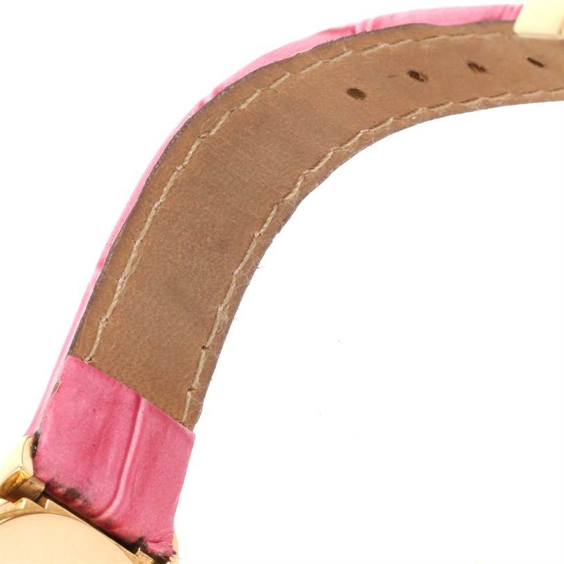 This image shows the leather strap and part of the case of a Rolex Cellini 6621 Women's Yellow Gold Beige Dial 6621 Women's Yellow Gold Beige Dial model watch from an angled view.