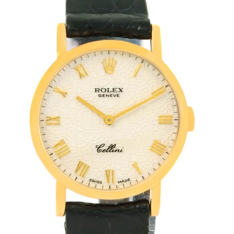 The image shows a frontal view of a Rolex Cellini 5109 Women's Yellow Gold Beige Dial 5109 Women's Yellow Gold Beige Dial watch with a gold case and black strap.