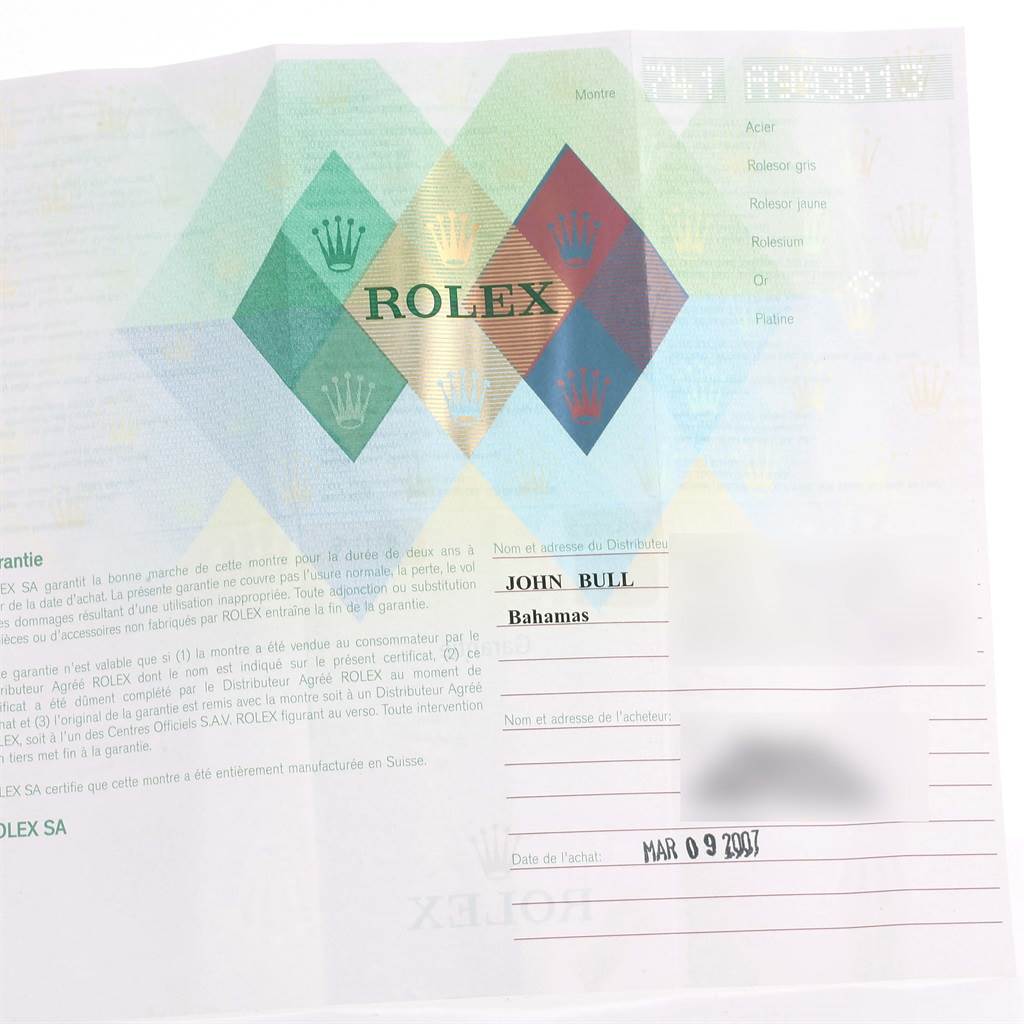 This image shows a warranty card and documentation for a Rolex Cellini 6111 Women's White Gold Black Dial 6111 Women's White Gold Black Dial watch.