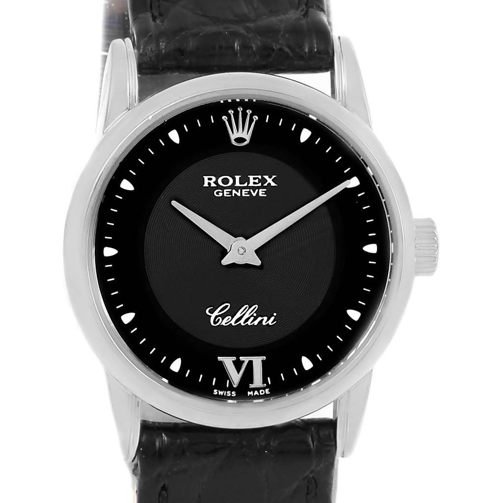 The image shows a front view of a Rolex Cellini 6111 Women's White Gold Black Dial 6111 Women's White Gold Black Dial watch, highlighting its black dial, silver hands, and crown.