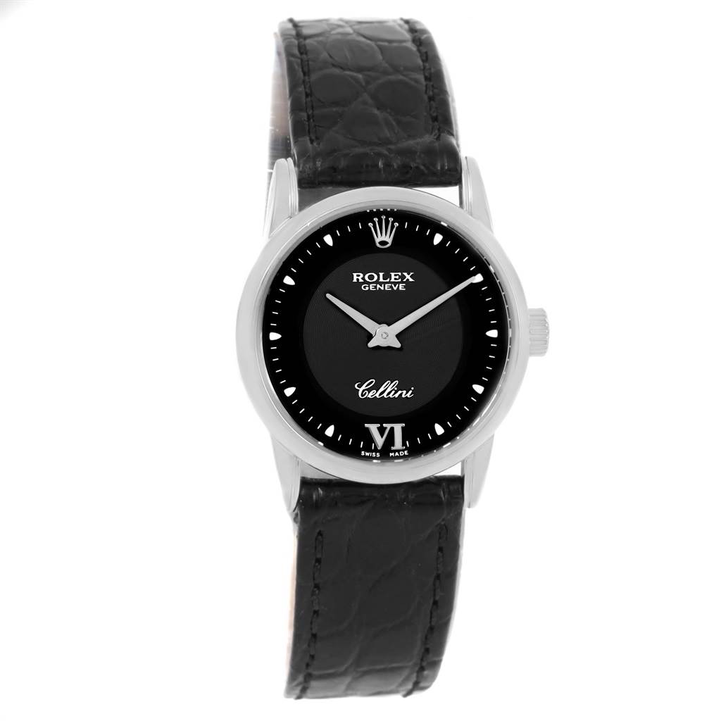 The image shows a front view of a Rolex Cellini 6111 Women's White Gold Black Dial 6111 Women's White Gold Black Dial watch with a black leather strap and black dial.