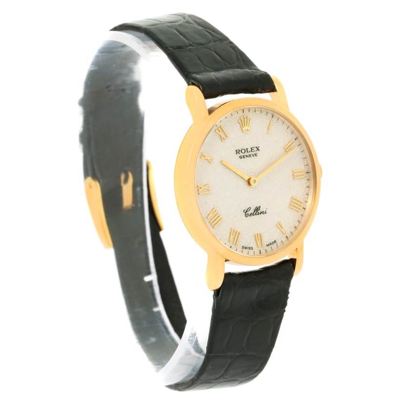 The image shows a side angle of a Rolex Cellini 5109 Women's Yellow Gold Beige Dial 5109 Women's Yellow Gold Beige Dial watch, highlighting its face, case, and leather strap.