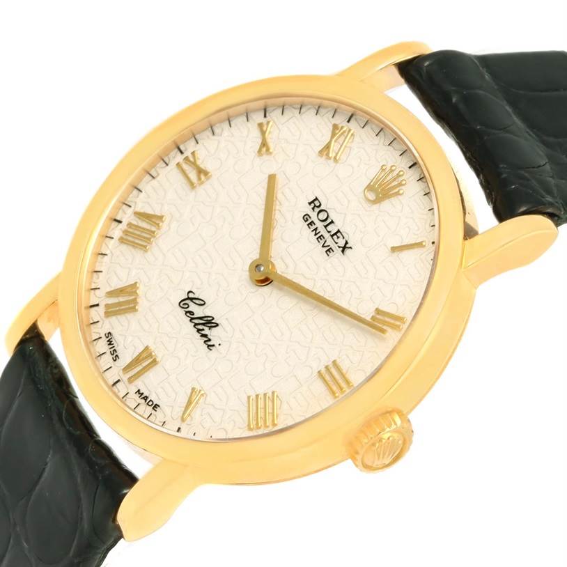 The image shows a close-up angle of a Rolex Cellini 5109 Women's Yellow Gold Beige Dial 5109 Women's Yellow Gold Beige Dial watch, highlighting its dial, Roman numeral markers, and leather strap.