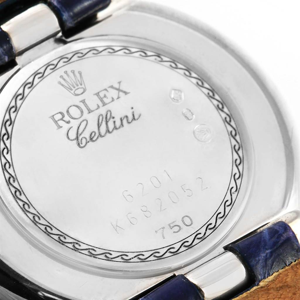 The image shows the case back of a Rolex Cellini 6201 Women's White Gold Mother of Pearl Dial 6201 Women's White Gold Mother of Pearl Dial watch from a close-up angle.