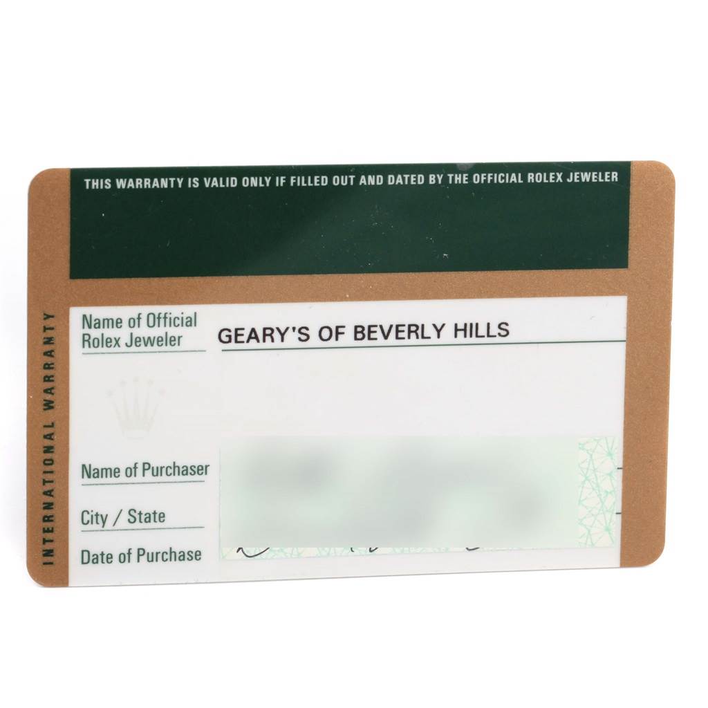 This is an image of the warranty card for the Rolex Cellini 6201 Women's White Gold Mother of Pearl Dial 6201 Women's White Gold Mother of Pearl Dial model, showing the official jeweler and purchase information sections.