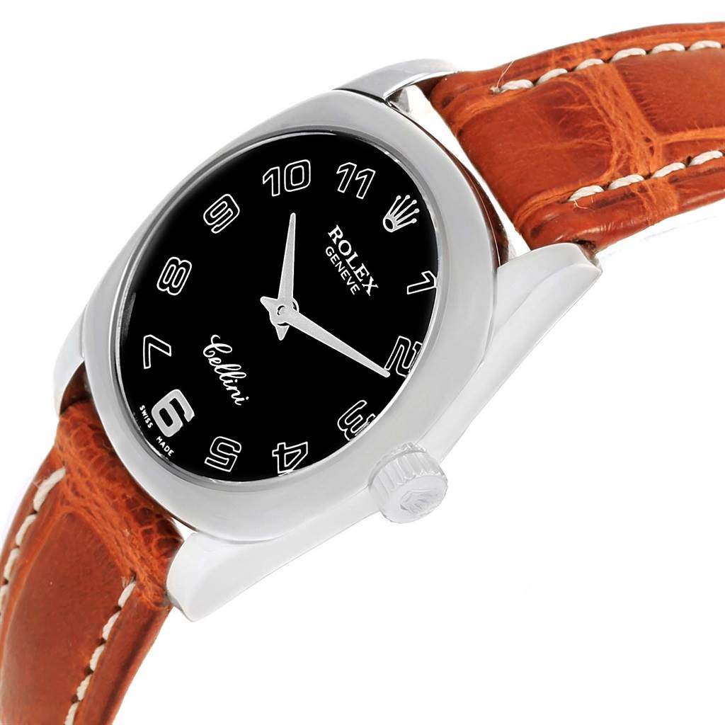 This image shows a side-angle view of the Rolex Cellini 6229 Women's White Gold Black Dial 6229 Women's White Gold Black Dial watch, highlighting its black dial, silver case, and brown leather strap.