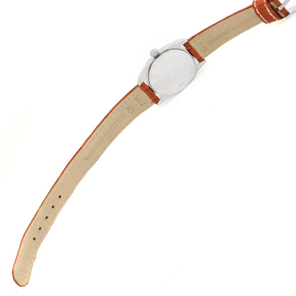 The image shows the back view of a Rolex Cellini 6229 Women's White Gold Black Dial 6229 Women's White Gold Black Dial watch, displaying the case back and the leather strap.