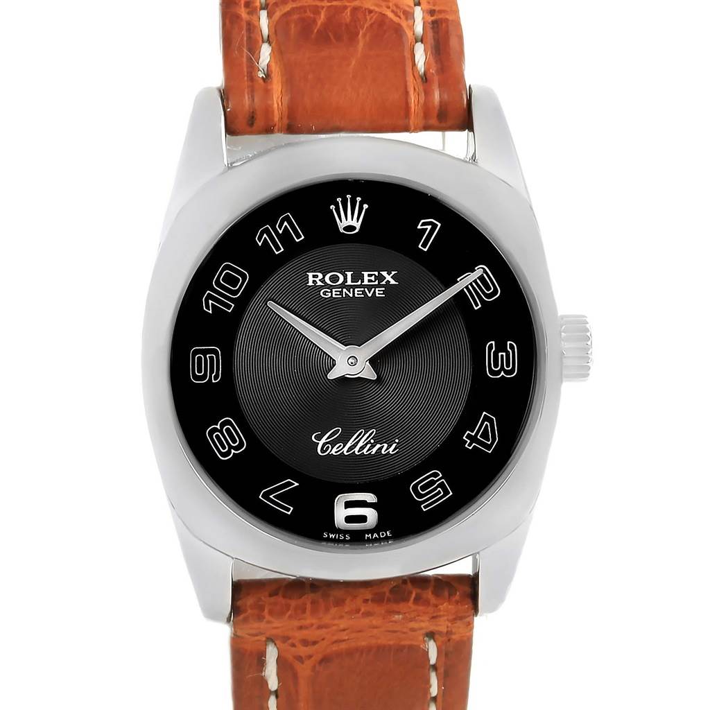 This Rolex Cellini 6229 Women's White Gold Black Dial 6229 Women's White Gold Black Dial watch is shown from the front angle, highlighting its dial, case, and leather strap.