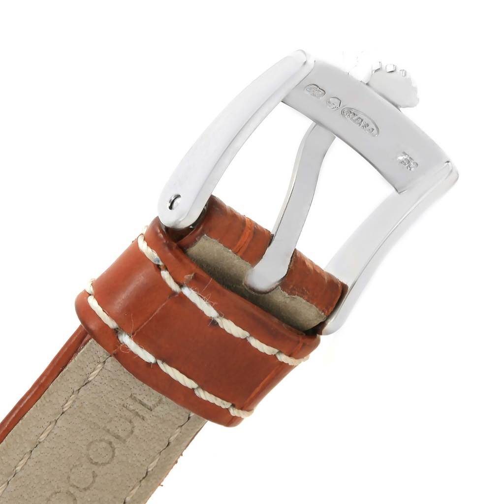 This image shows the buckle and leather strap of the Rolex Cellini 6229 Women's White Gold Black Dial 6229 Women's White Gold Black Dial watch from a close-up angle.