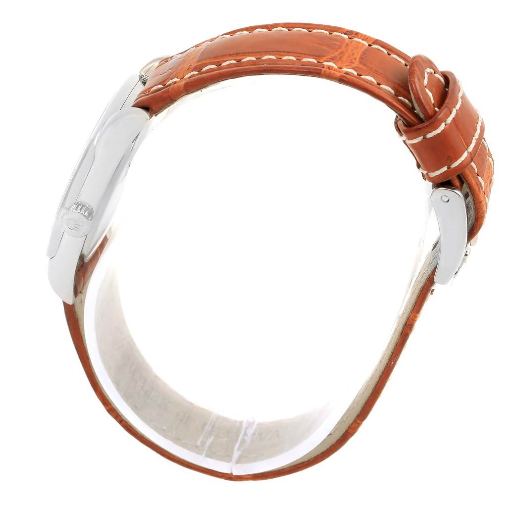 This Rolex Cellini 6229 Women's White Gold Black Dial 6229 Women's White Gold Black Dial watch is shown from a side angle, displaying its leather strap and buckle.