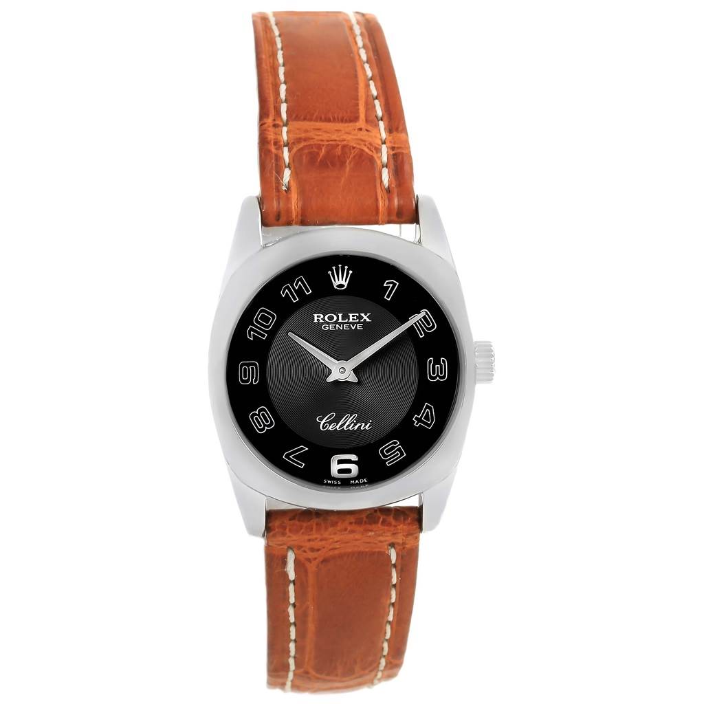 The image shows a frontal view of the Rolex Cellini 6229 Women's White Gold Black Dial 6229 Women's White Gold Black Dial watch, featuring a black dial and a brown leather strap.