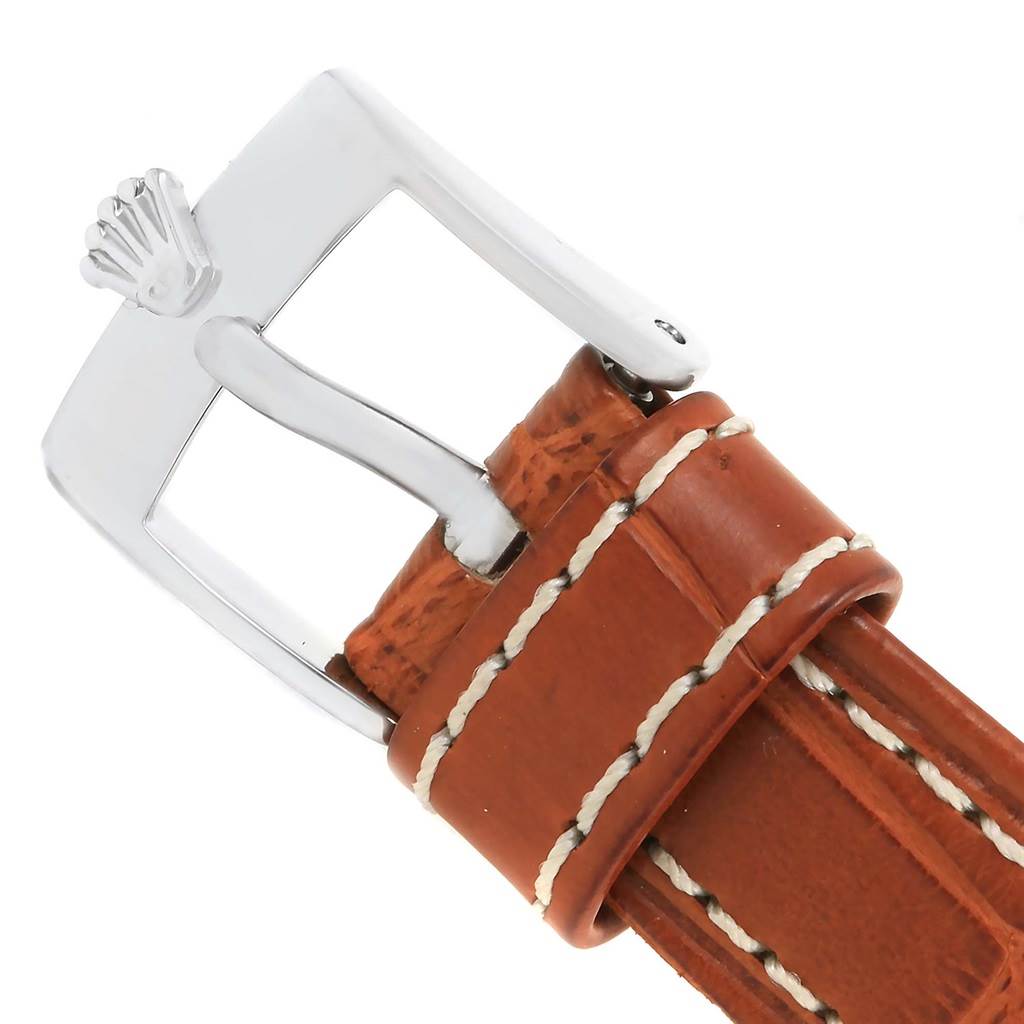 This image shows a close-up of the buckle and strap of a Rolex Cellini 6229 Women's White Gold Black Dial 6229 Women's White Gold Black Dial watch.