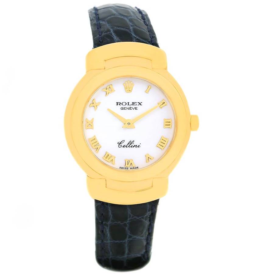 Rolex Cellini 18K Yellow Gold White Dial Blue Strap Ladies Watch 6621 SwissWatchExpo