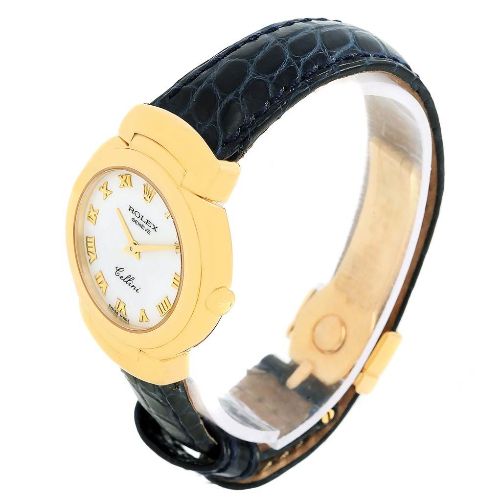 The image shows a Rolex Cellini 6621 Women's Yellow Gold White Dial 6621 Women's Yellow Gold White Dial watch from a side angle, highlighting its gold case, white dial, and black leather strap.