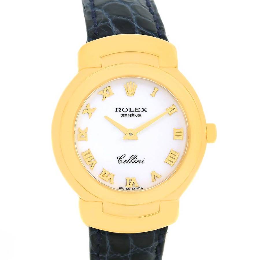 This image shows a front view of the Rolex Cellini watch, emphasizing its dial, gold case, and black strap.