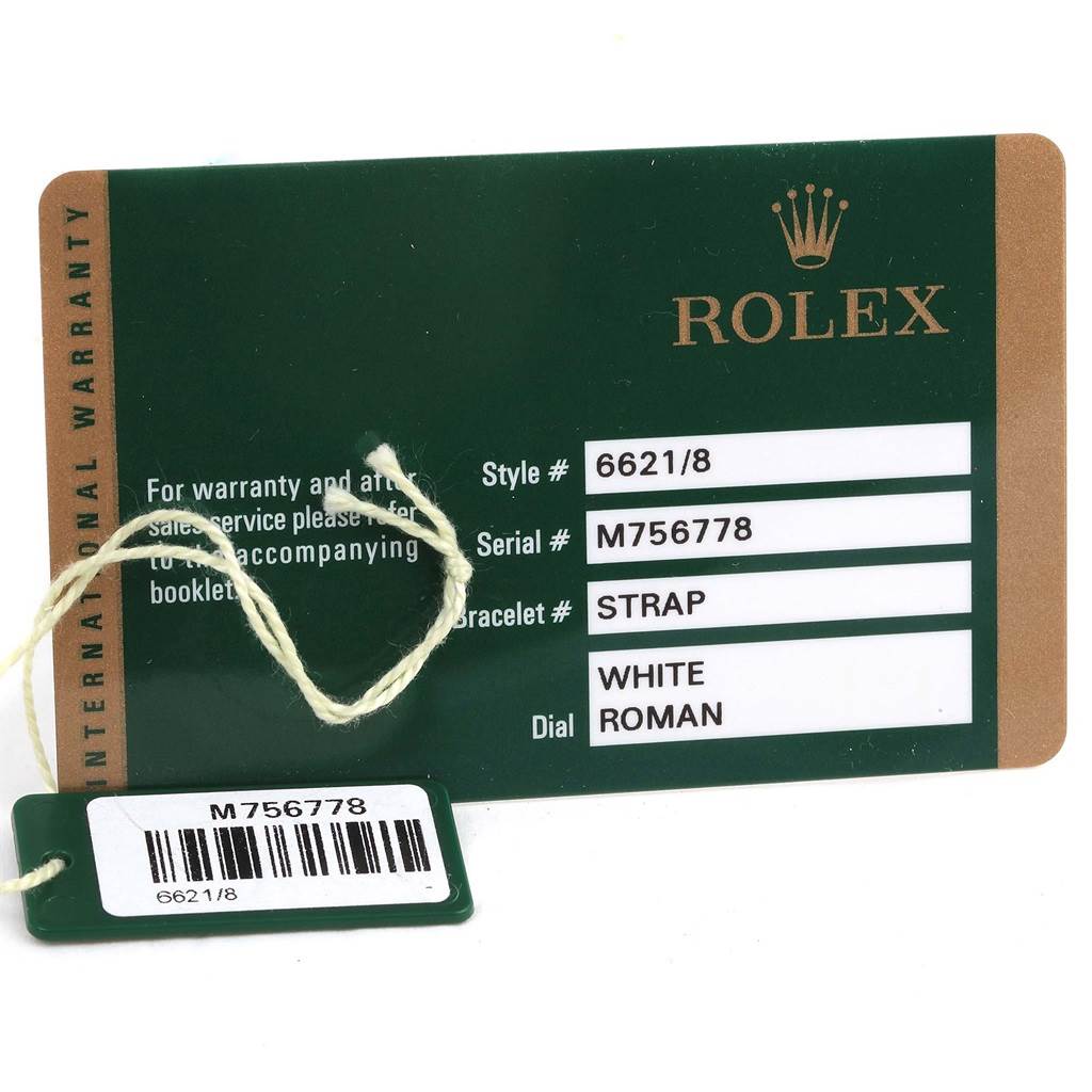 The image shows the warranty card for a Rolex Cellini 6621 Women's Yellow Gold White Dial 6621 Women's Yellow Gold White Dial model, displaying style number 6621/8 and serial number M756778.