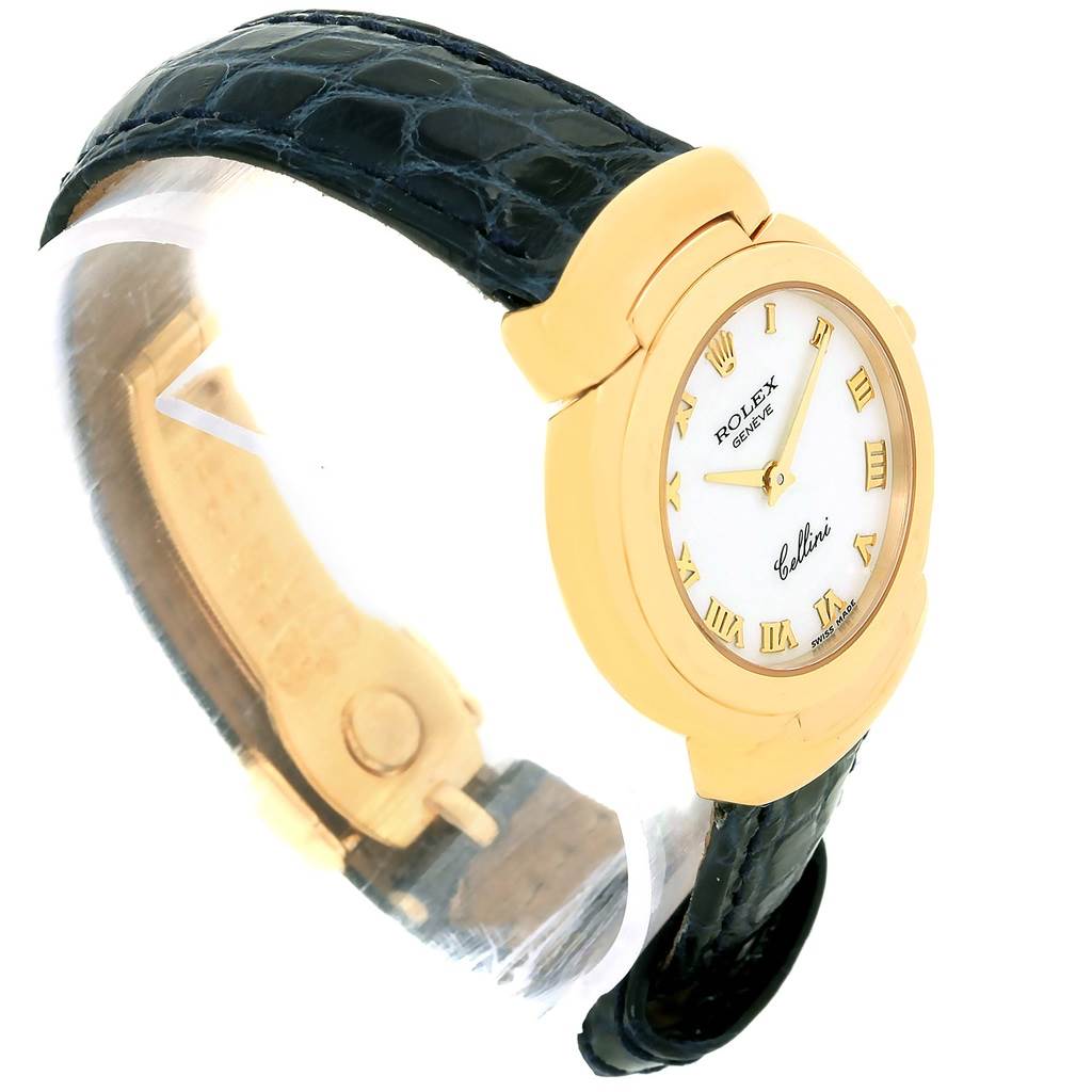 This image shows a side angle of a Rolex Cellini 6621 Women's Yellow Gold White Dial 6621 Women's Yellow Gold White Dial watch, highlighting its gold case, white dial, and black leather strap.