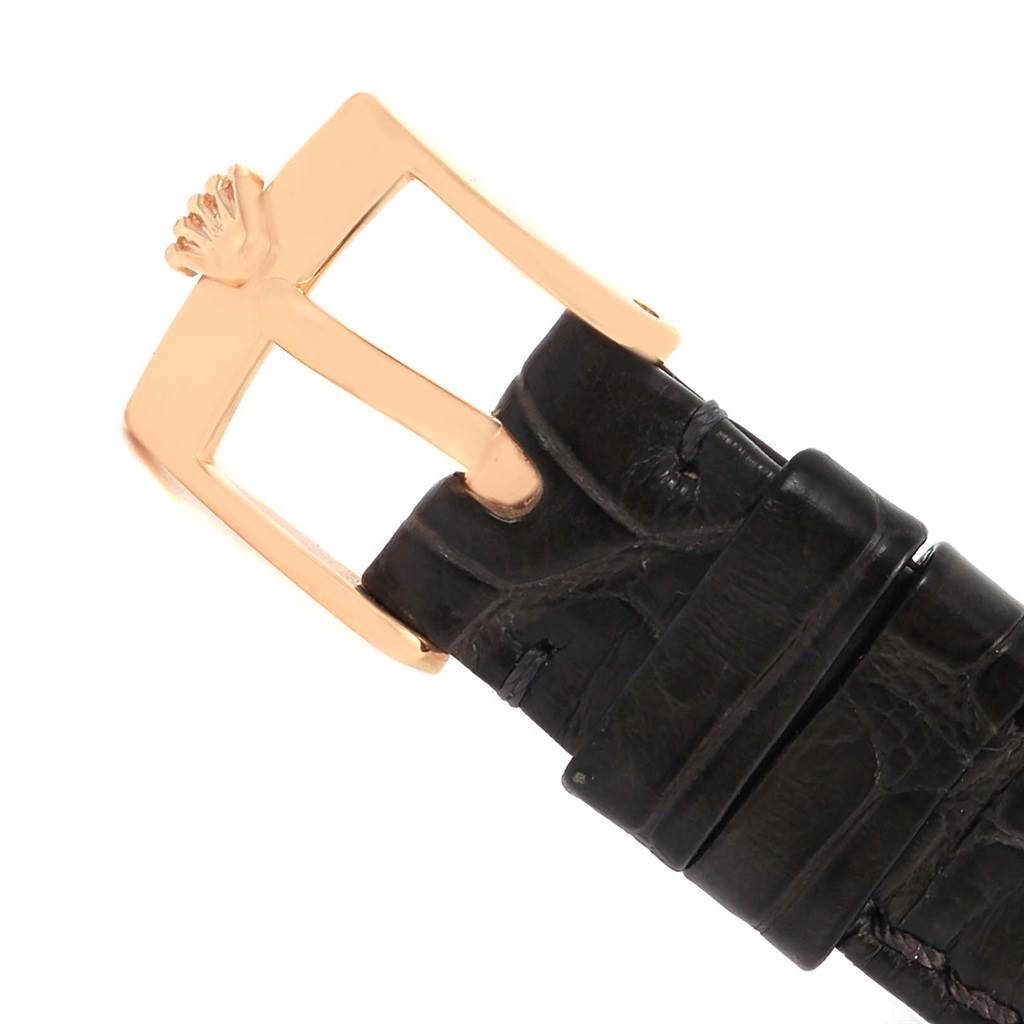 The image shows a gold buckle and black leather strap for the Rolex Cellini 5310 Women's Rose Gold Grey Dial 5310 Women's Rose Gold Grey Dial watch.