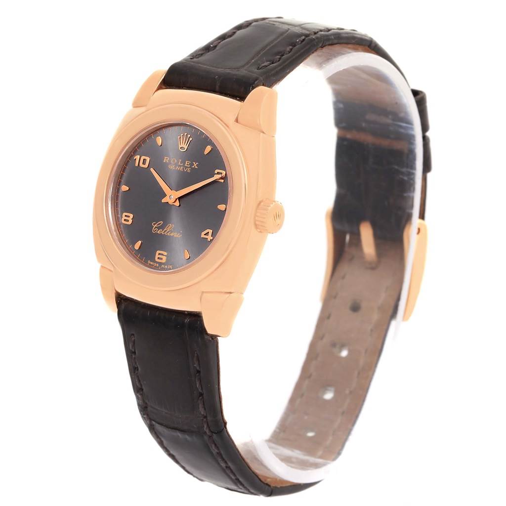 The Rolex Cellini 5310 Women's Rose Gold Grey Dial 5310 Women's Rose Gold Grey Dial watch is shown at an angle displaying the face, crown, and strap with a clear view of its dial and leather band.